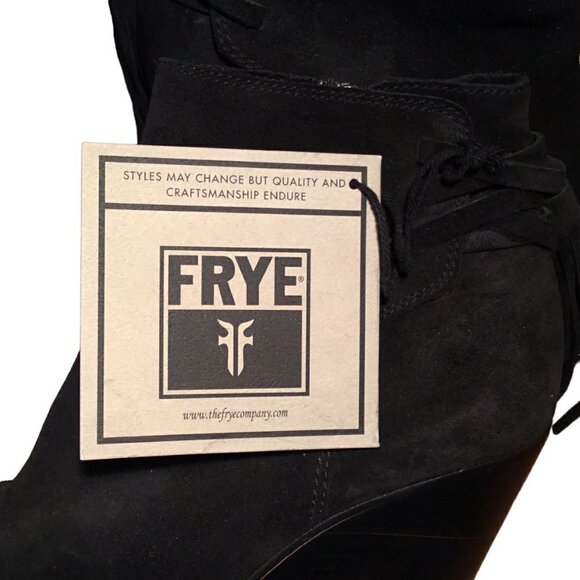 Nwt - FRYE - CeCe Tassel Lace Black Suede Stacked Wedge Heel Booties - Size 7.5M - Picture 12 of 13